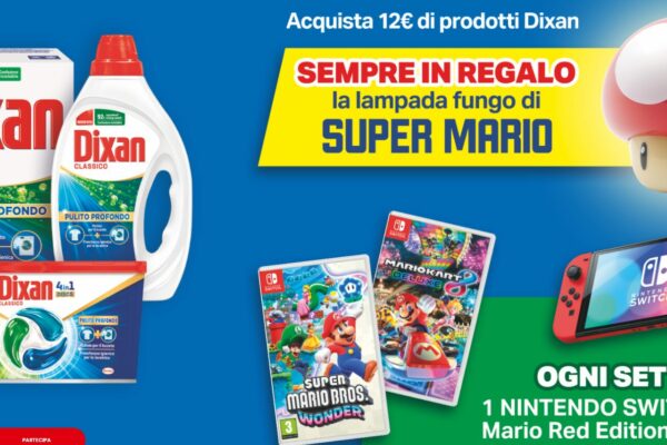 Vinci Super Mario con Dixan: Lampada Fungo gratis e 1 Nintendo Switch in palio ogni settimana